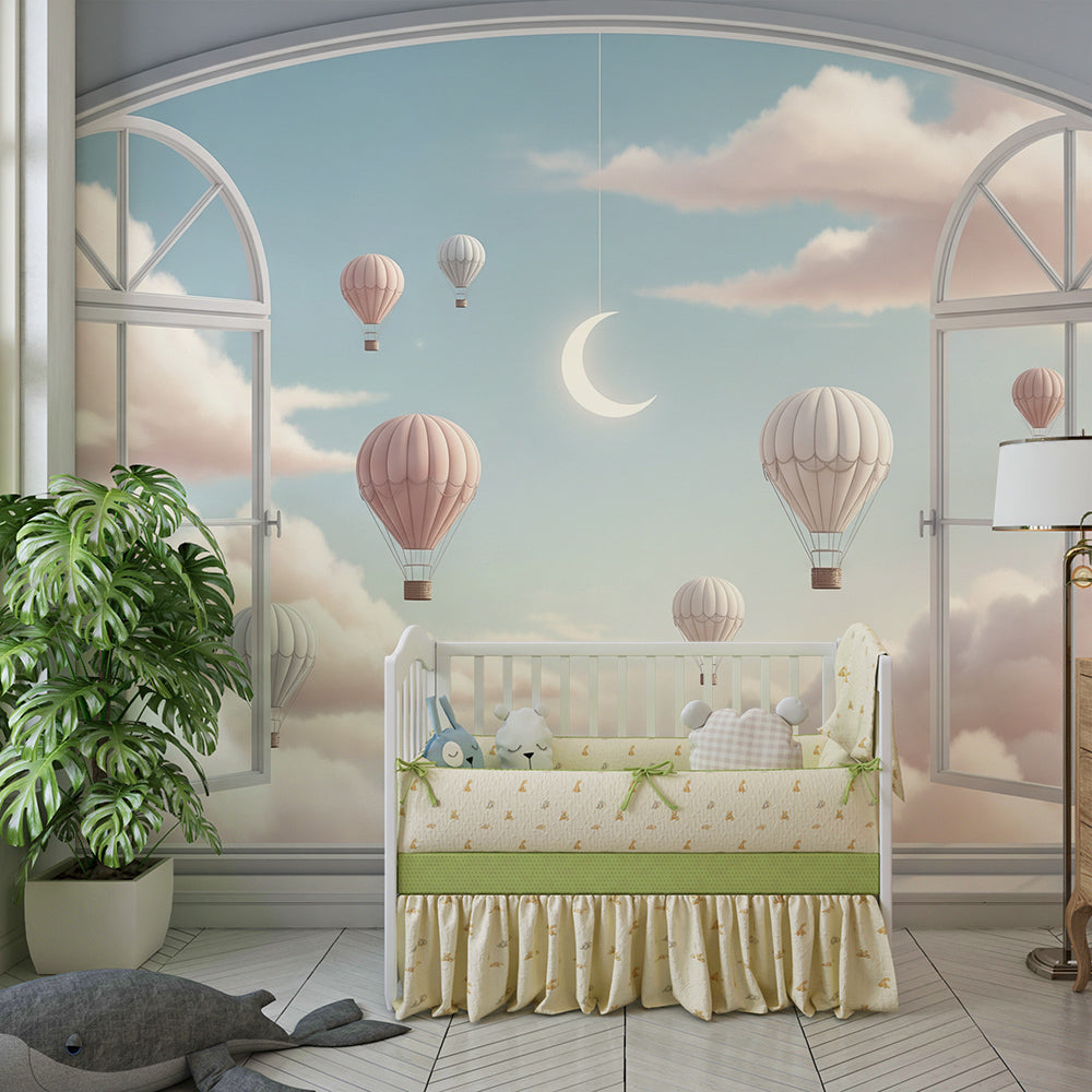 Kids-Mundo hot air balloon moonlit window wall mural bringing a dreamy scene to a playroom
