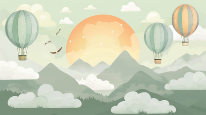 Kids-Mundo artwork of hot air balloons drifting past a golden sunrise over green mountains