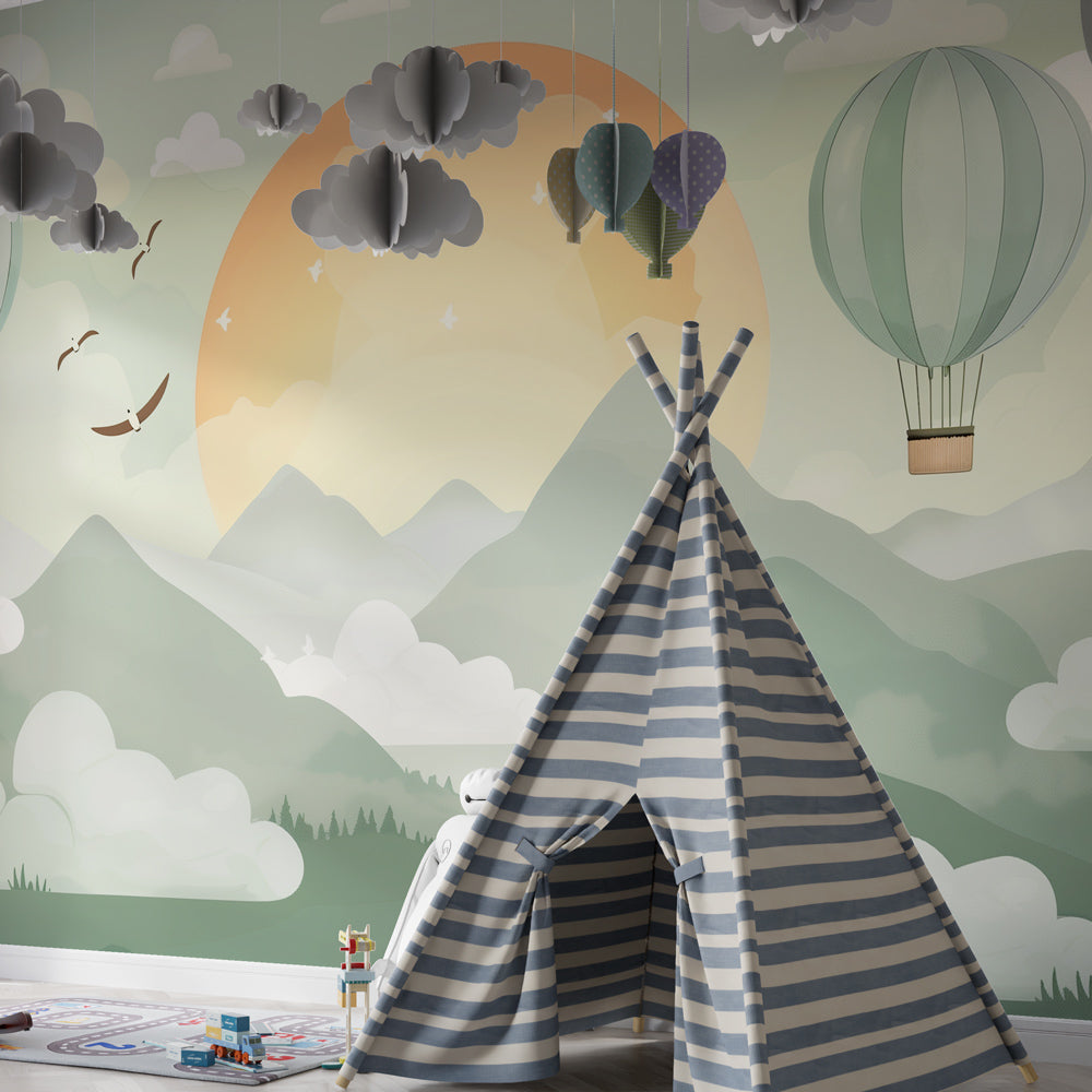 Kids-Mundo hot air balloon wall mural displayed in a bright, sunny playroom