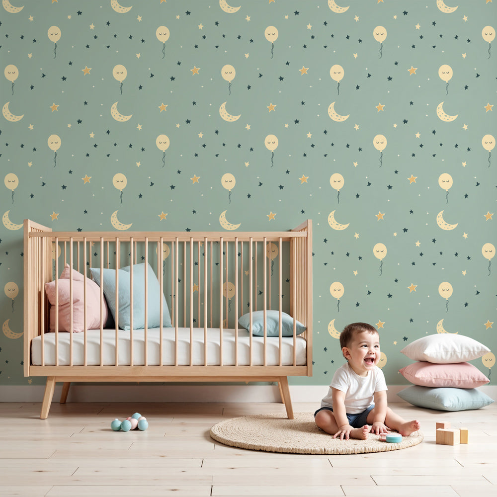 Balloon and stars mural wallpaper creating dreamy nursery atmosphere by Kids-Mundo