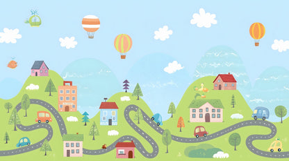 Kids-Mundo hot air balloons over rolling green hills artwork with a winding road