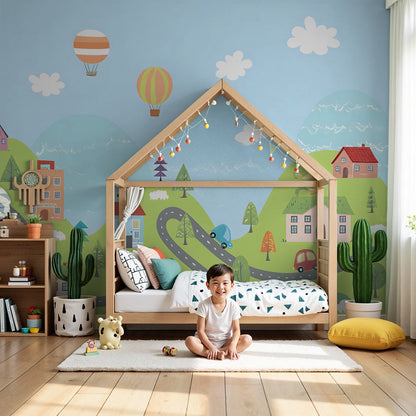 Kids-Mundo hot air balloon landscape wall mural in a bright, welcoming nursery