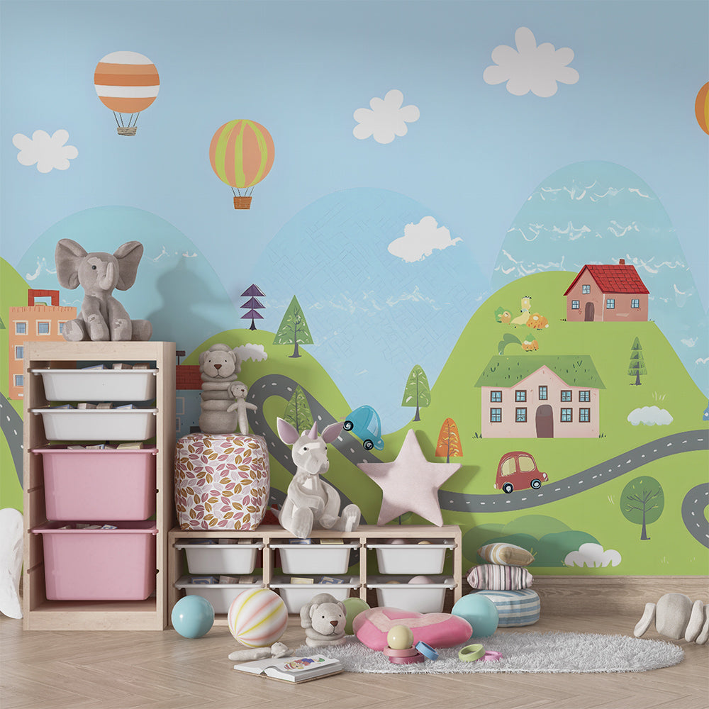 Kids-Mundo rolling hills balloon wall mural covering a wall in a busy children's playroom