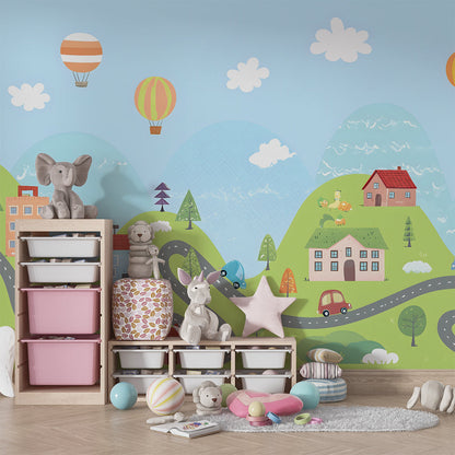 Kids-Mundo rolling hills balloon wall mural covering a wall in a busy children's playroom