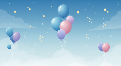 Kids-Mundo balloon wall mural artwork showing clusters of balloons drifting through a starry sky