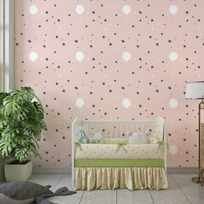 Whimsical balloons and stars wallpaper transforming children's play area with magical pink design