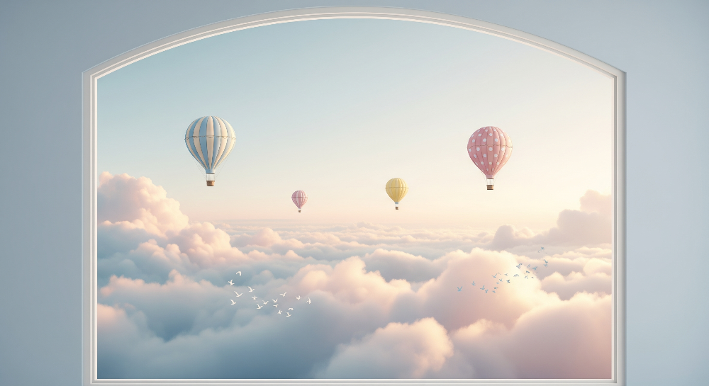 Kids-Mundo flat artwork of an arched window framing hot air balloons above a pastel sunset sky