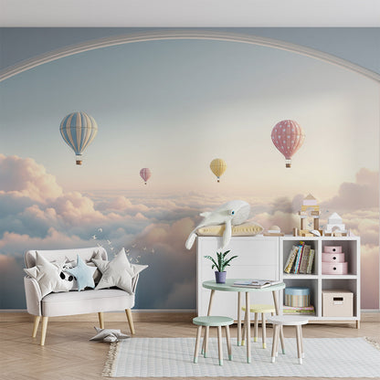 Kids-Mundo hot air balloon sunset archway wall mural adding a soft glow to a children's playroom