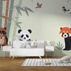 Asian forest theme mural wallpaper with bamboo and animals for kids playroom