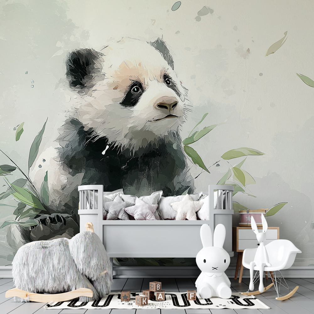 Nature-themed panda mural wallpaper transforming kids playroom into forest sanctuary