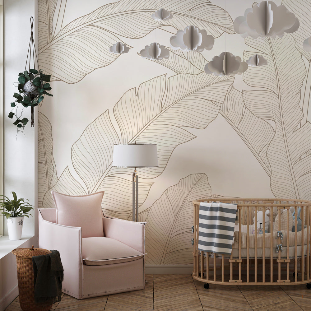 Botanical mural wallpaper creating peaceful reading corner in children's room