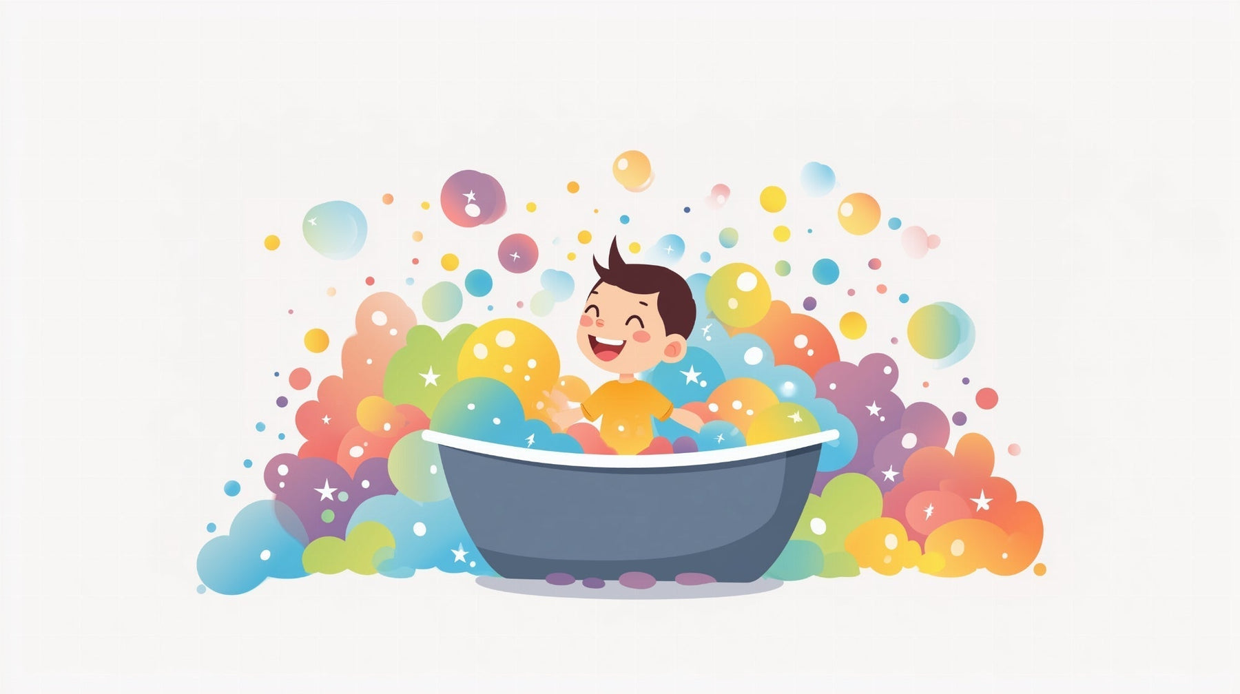 Detailed bath time mural wallpaper design pattern showing child with colorful bubbles by Kids-Mundo