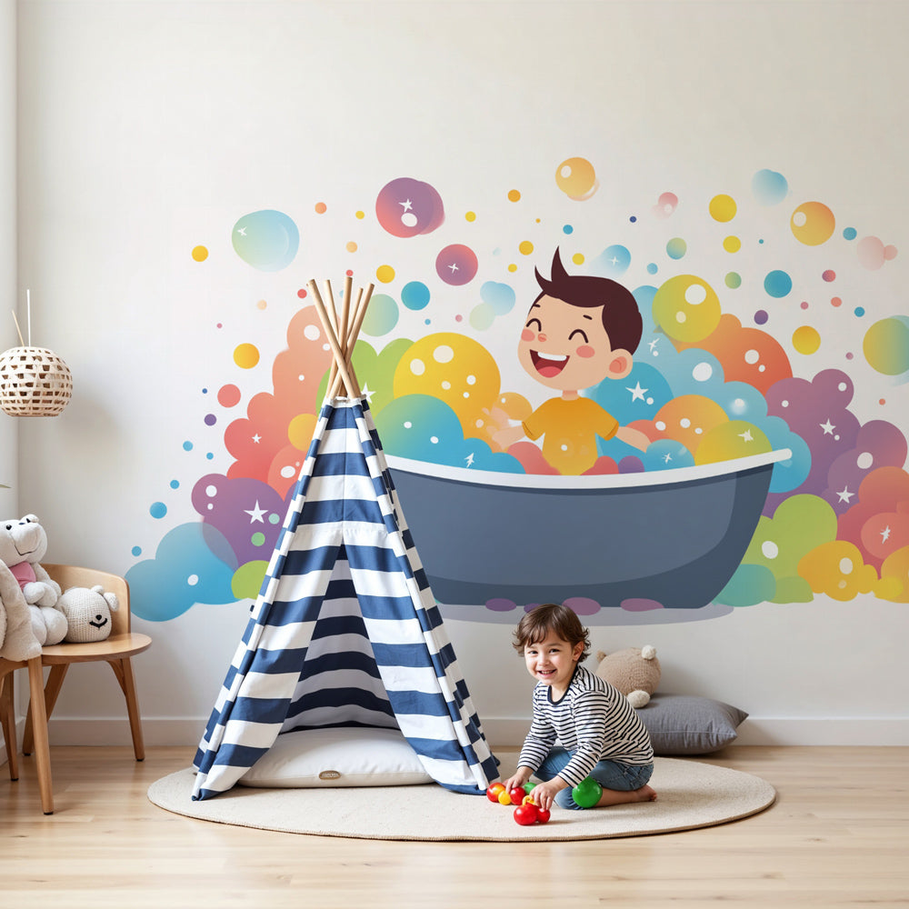 Bath time mural wallpaper with colorful bubbles decorating modern nursery room by Kids-Mundo