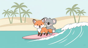 Detailed beach animals mural wallpaper design pattern showing fox and koala surfing by Kids-Mundo