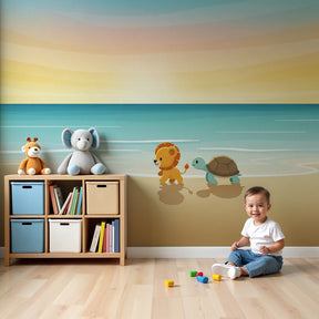 Beach animals mural wallpaper with lion cub and turtle in coastal nursery by Kids-Mundo