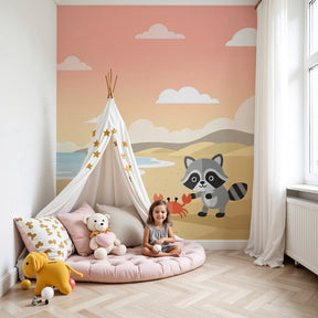 Beach animals mural wallpaper with raccoon and crab in modern nursery by Kids-Mundo