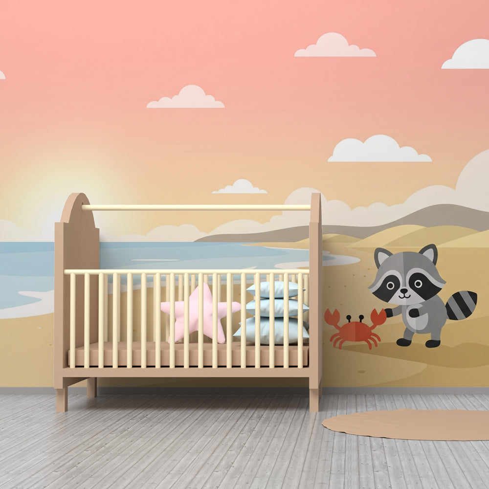 Raccoon and crab beach scene mural wallpaper in bright children's playroom