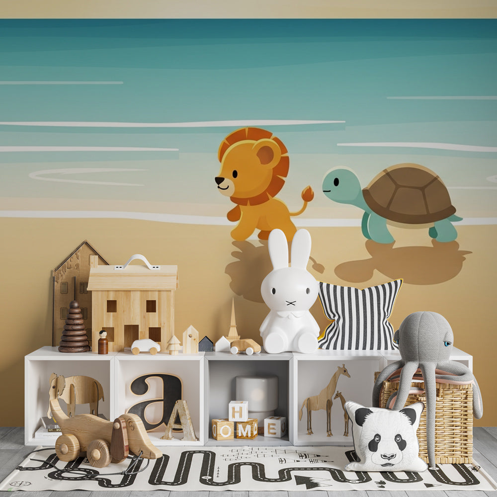 Coastal animal wallpaper featuring lion and turtle in bright children's playroom setting