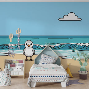 Coastal themed mural wallpaper with adorable bird character for peaceful nursery design