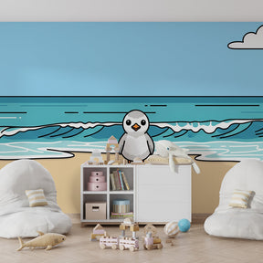 Cute bird on beach mural wallpaper creating serene atmosphere in children's bedroom
