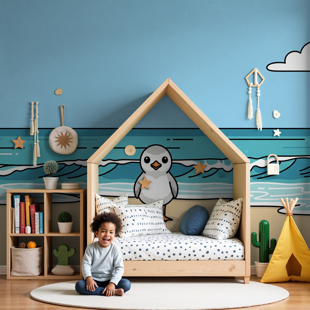Beach bird mural wallpaper in cozy baby nursery with coastal theme decor by Kids-Mundo