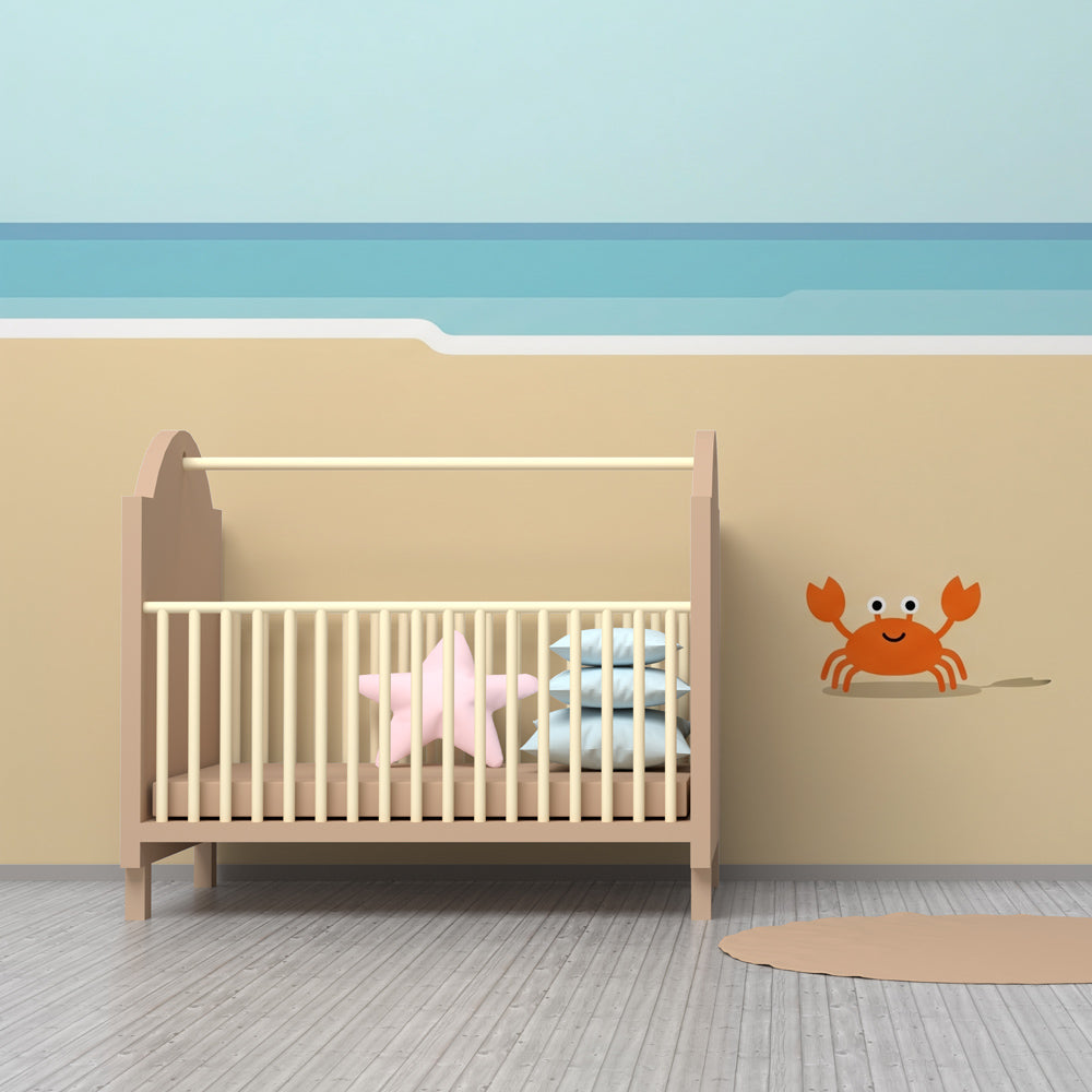 Happy crab wallpaper creating cheerful seaside atmosphere in children's bedroom