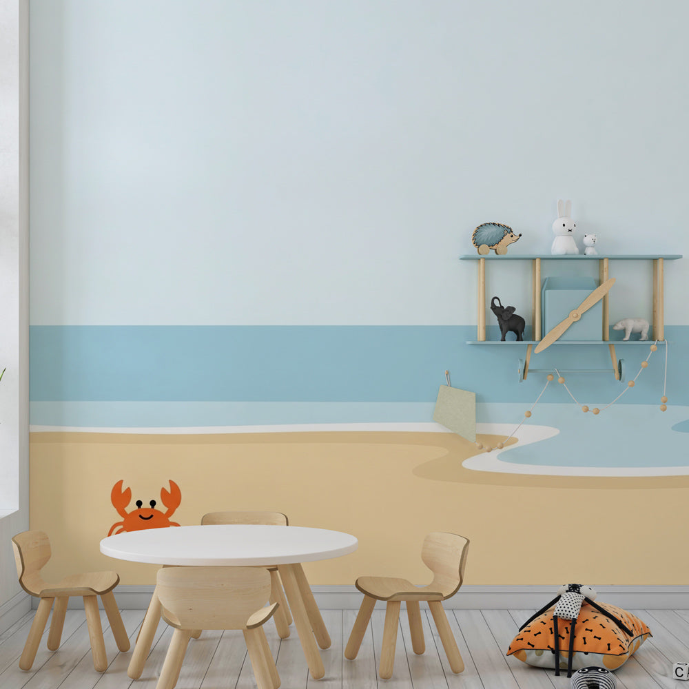 Coastal themed mural wallpaper for children's playroom featuring cute crab on sandy beach by Kids-Mundo