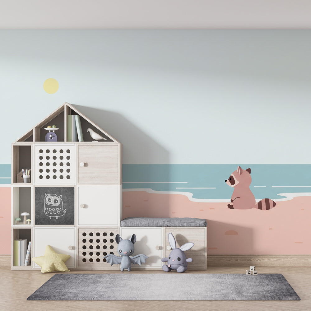 Coastal animal mural wallpaper with pastel tones for children's playroom by Kids-Mundo