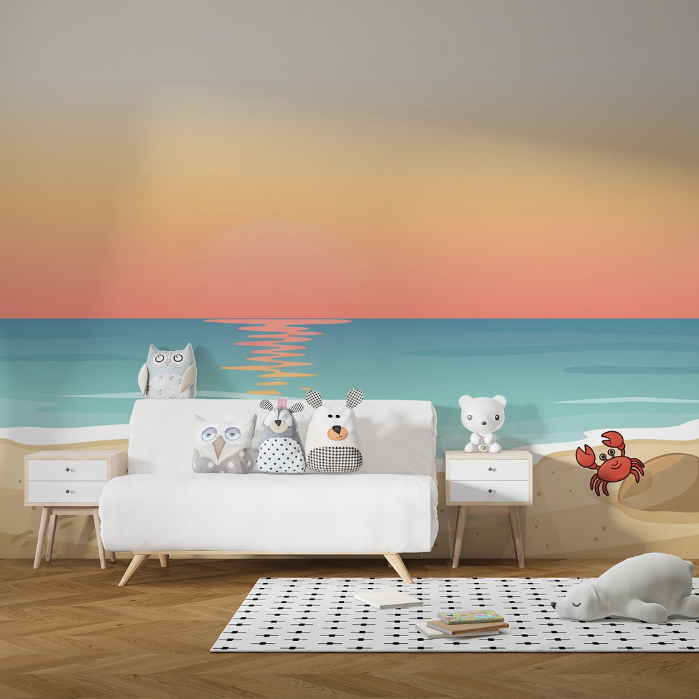 Ocean sunset wallpaper creating serene children's bedroom with turtle and crab design
