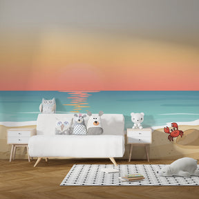 Ocean sunset wallpaper creating serene children's bedroom with turtle and crab design