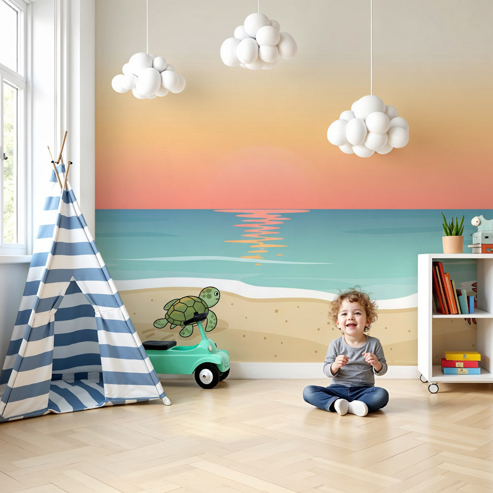 Beach sunset mural wallpaper with sea turtle and crab in coastal themed nursery by Kids-Mundo
