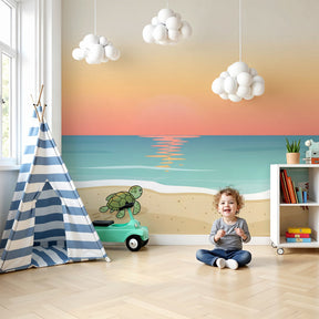 Beach sunset mural wallpaper with sea turtle and crab in coastal themed nursery by Kids-Mundo