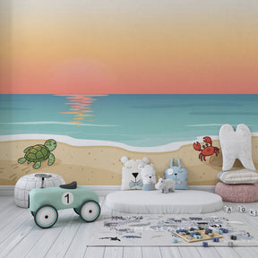 Coastal beach mural wallpaper transforming kids playroom with peaceful sunset scene