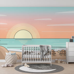 Coastal themed nursery with turtle beach mural wallpaper featuring sunset colors and natural decor