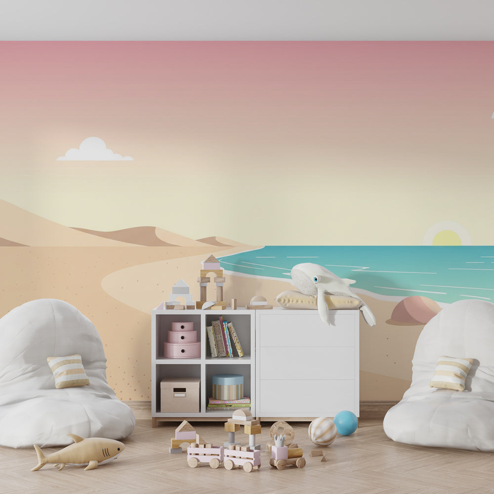 Sunny shore turtle wallpaper creating peaceful kids bedroom atmosphere