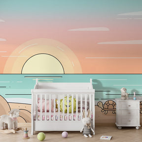 Calming beach turtle wallpaper in children's bedroom with soft pastels and ocean theme by Kids-Mundo
