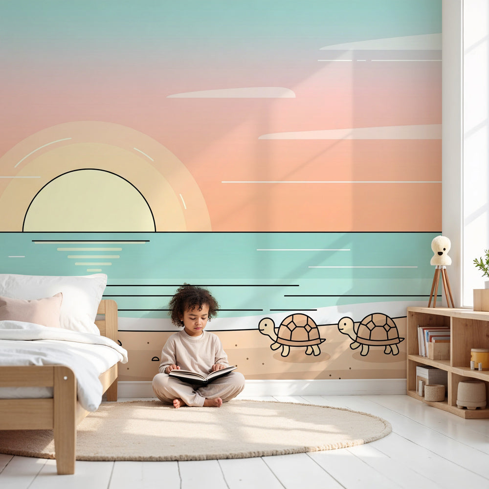 Beach turtle sunset mural wallpaper creating peaceful atmosphere in modern baby nursery by Kids-Mundo