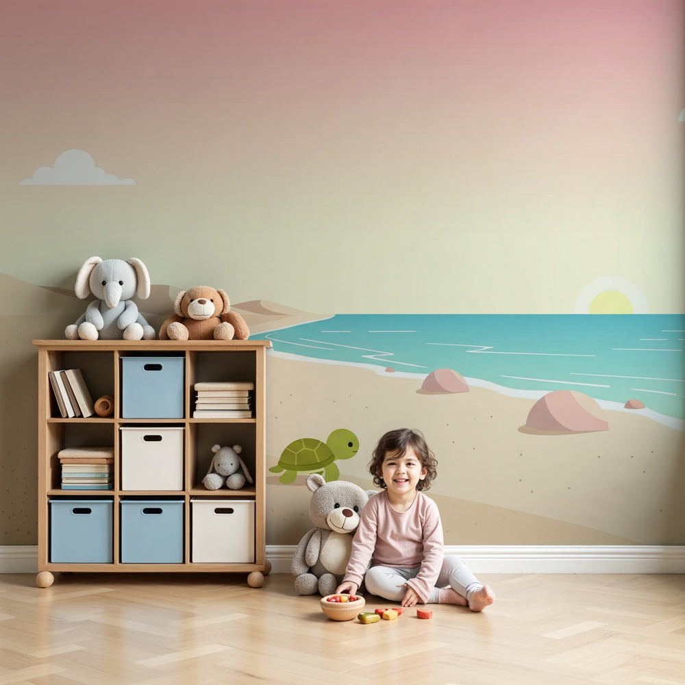 Beach turtle mural wallpaper in modern nursery with coastal decor by Kids-Mundo