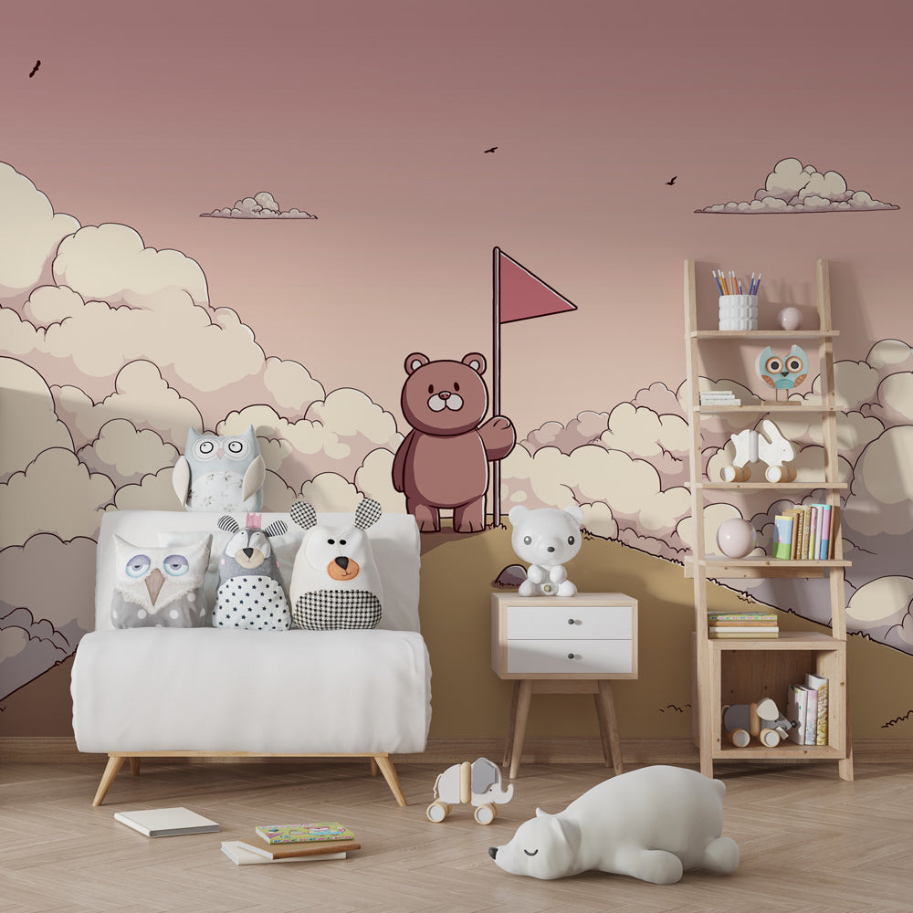 Pastel bear mural wallpaper with clouds in cozy kids room setting by Kids-Mundo