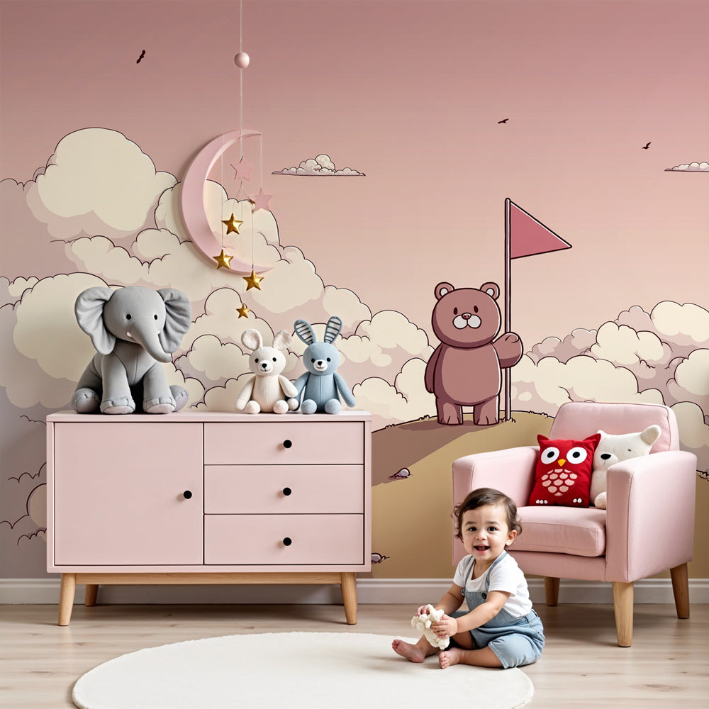 Bear adventure mural wallpaper in modern nursery room with natural wood crib by Kids-Mundo