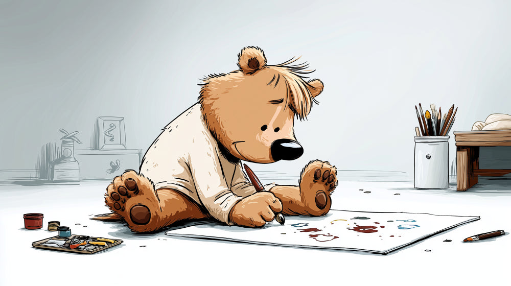 Detailed bear artist mural wallpaper design pattern showing creative bear painting scene by Kids-Mundo