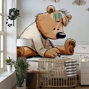 Creative bear painting wallpaper transforming children's bedroom into artistic sanctuary