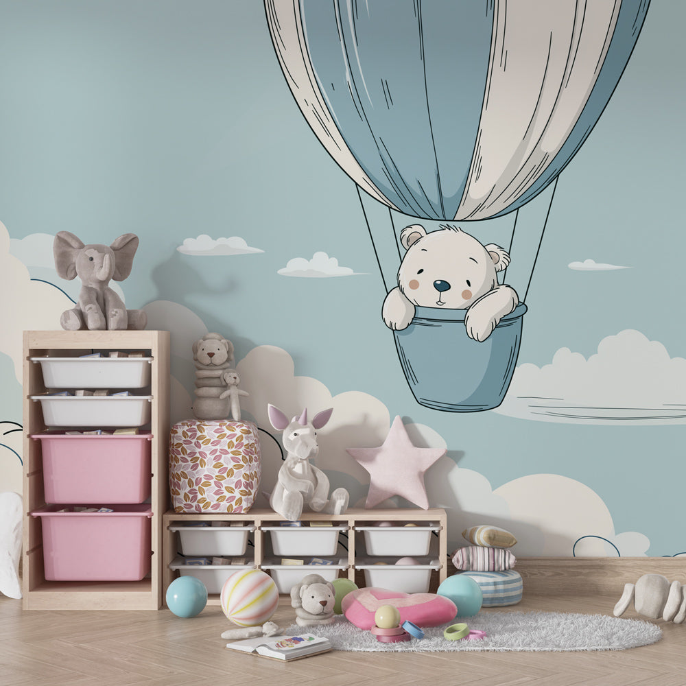 Hot air balloon bear mural wallpaper transforming baby's room into magical adventure space