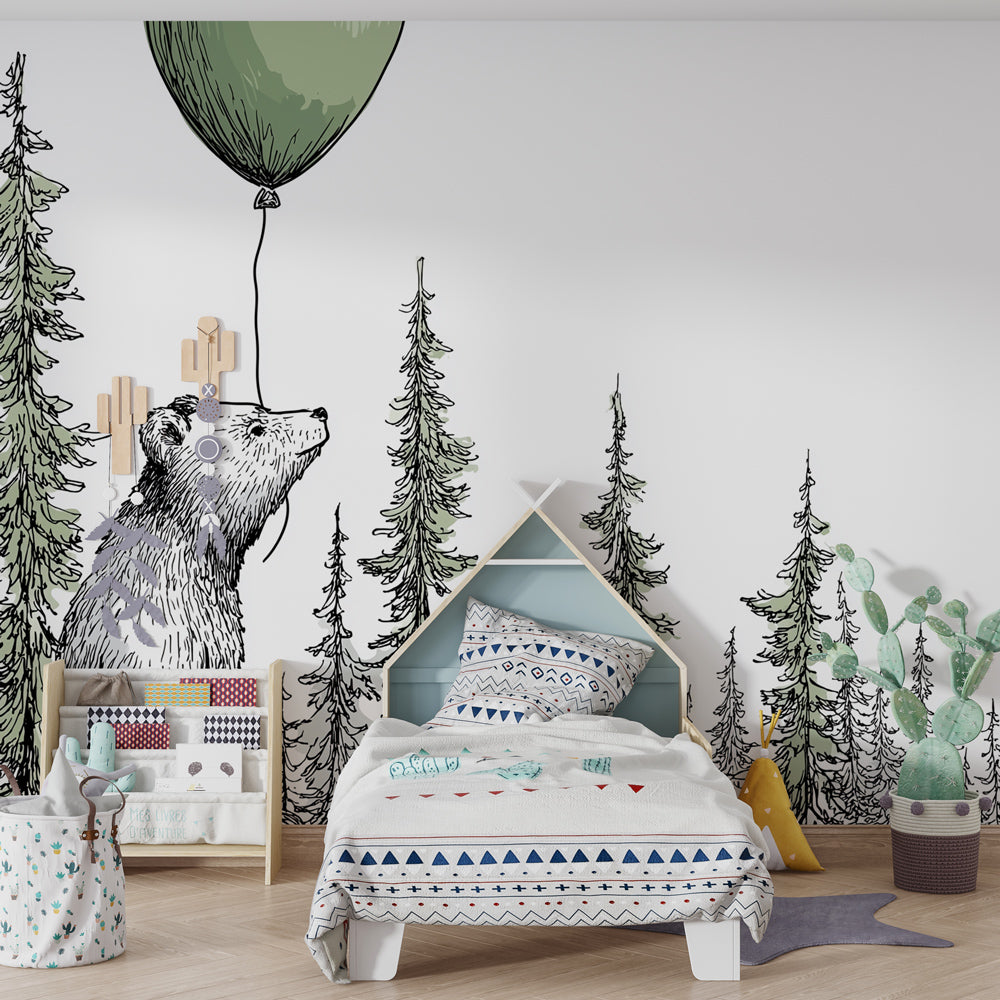 Dreamy bear balloon wallpaper creating peaceful woodland atmosphere in baby bedroom