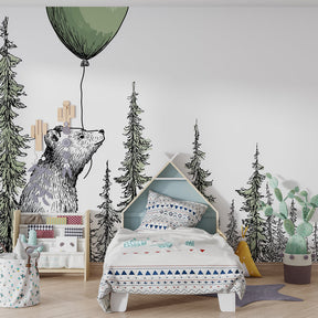 Dreamy bear balloon wallpaper creating peaceful woodland atmosphere in baby bedroom