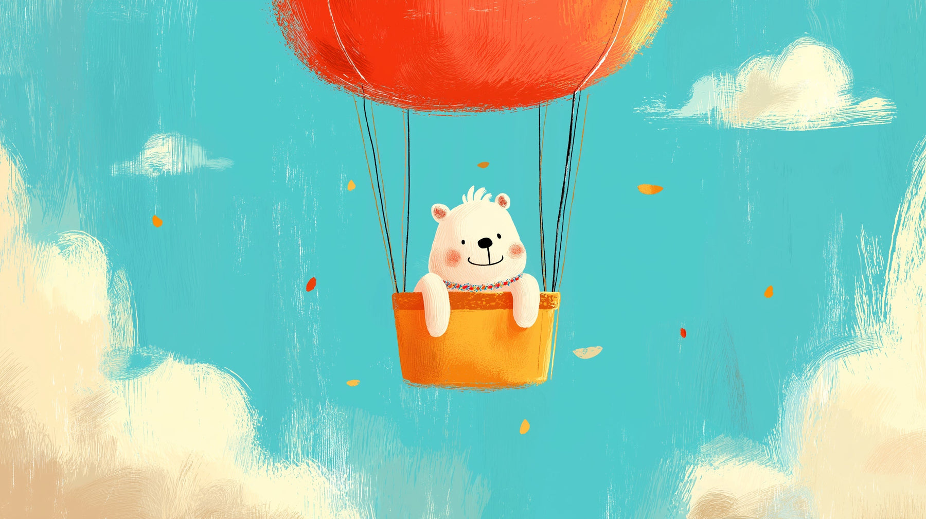 Detailed bear hot air balloon mural wallpaper design pattern with blue sky and clouds by Kids-Mundo