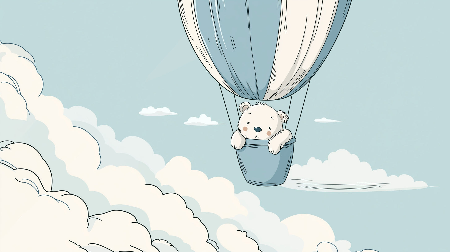 Detailed bear hot air balloon mural wallpaper design pattern with blue sky and clouds by Kids-Mundo