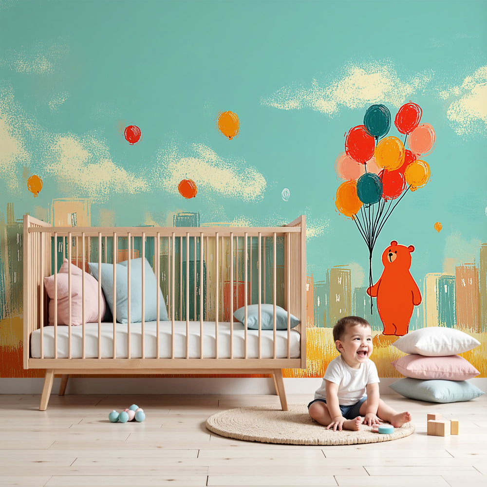 Bear balloon mural wallpaper in bright nursery with colorful decor by Kids-Mundo