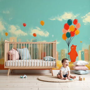 Bear balloon mural wallpaper in bright nursery with colorful decor by Kids-Mundo