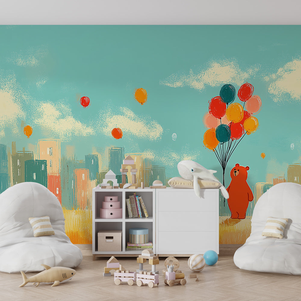 Colorful bear balloon city mural wallpaper transforming children's playroom space